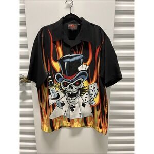 Y2K Dragonfly Roadhouse Button Shirt Skull Biker Dice Fire Poker Men's Size L
